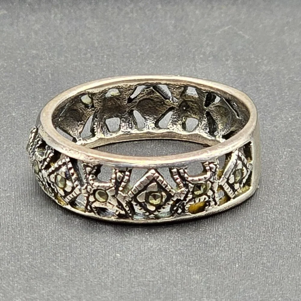 VTG Sterling Silver & Marcasite Lace Filigree 6.3mm Band Ring Size 7.5 Signed - Picture 5 of 7